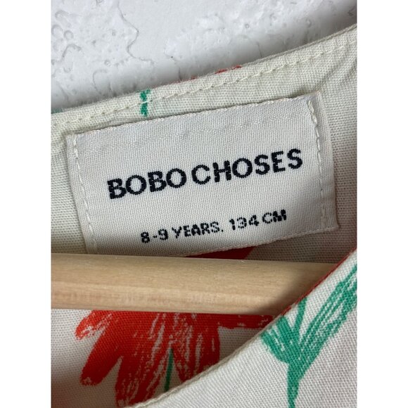 Bobo Choses Floral Print Dress Girls 8-9 Years Beige & Red Short Sleeves Cotton - Picture 3 of 7